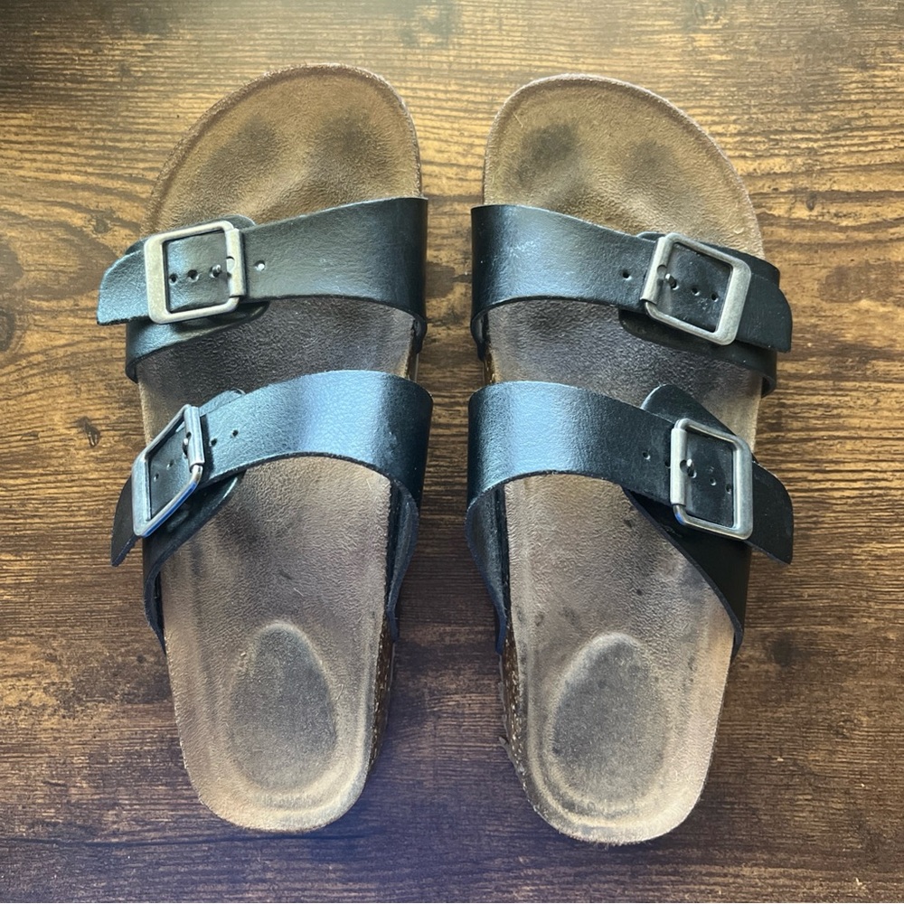 Buckle Sandals Womens 6 US 37 EU Black Slip On Slide Faux Leather